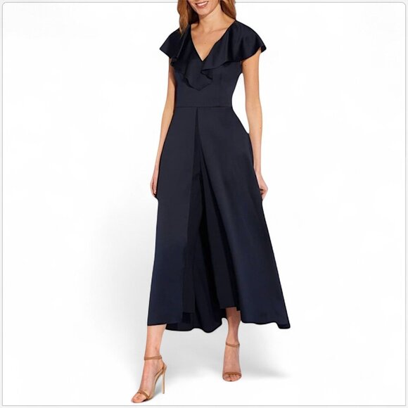 Adrianna Papell Dark Navy Satin Crepe Ruffled Jumpsuit Dress Evening NWT New 8 - Picture 1 of 8